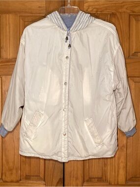 EUC NYG Vintage 80s 90s Jacket Reversible Hooded Midweight White Blue One Size